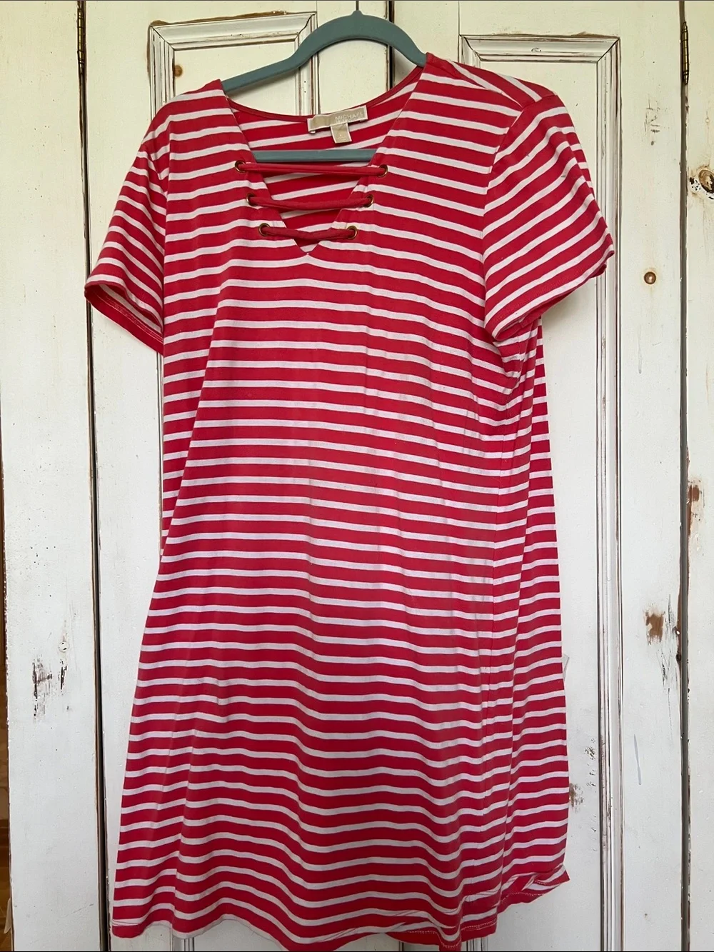 Michael Kors Red and White Striped Lace-Up Tee Dress